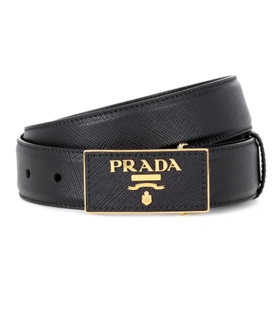 Shop Prada Leather Logo Plaque Belt In Black