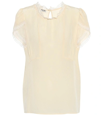 Shop Miu Miu Silk Lace Trim Top In White