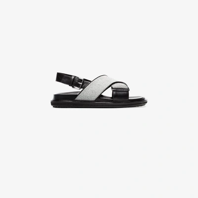 Shop Marni Black And Silver Fussbett Cross-over Lurex Leather Sandals