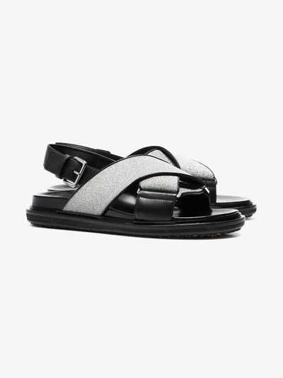Shop Marni Black And Silver Fussbett Cross-over Lurex Leather Sandals