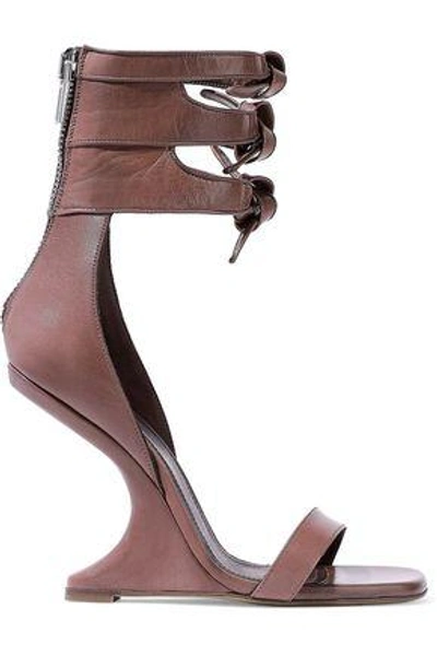 Shop Rick Owens Woman Cutout Knotted Leather Wedge Sandals Light Brown