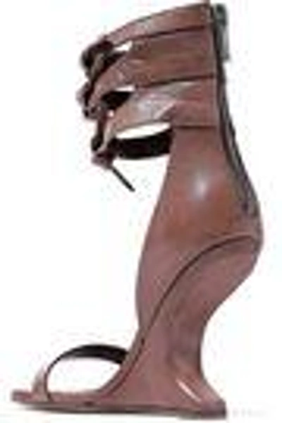 Shop Rick Owens Woman Cutout Knotted Leather Wedge Sandals Light Brown