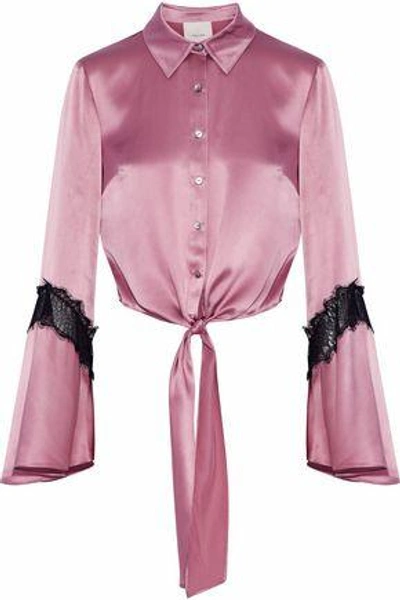 Shop Cinq À Sept Genevieve Tie-front Chantilly Lace-trimmed Silk-satin Shirt In Antique Rose