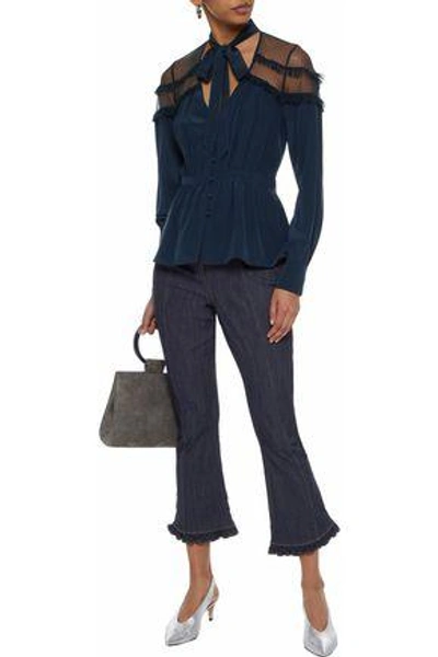 Shop Cinq À Sept Peyton Pussy-bow Point D'esprit-paneled Silk Blouse In Navy