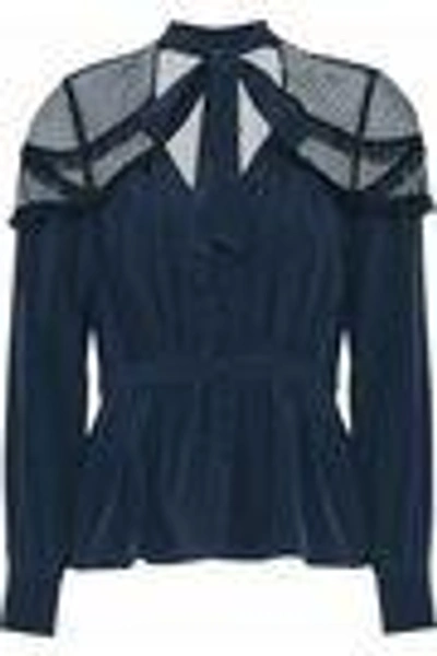 Shop Cinq À Sept Peyton Pussy-bow Point D'esprit-paneled Silk Blouse In Navy