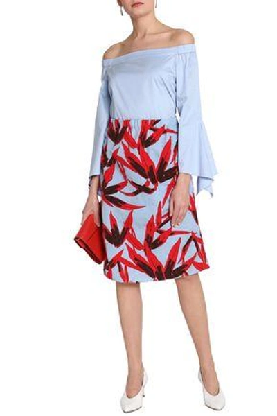 Shop Marni Woman Printed Cotton And Linen-blend Midi Skirt Sky Blue