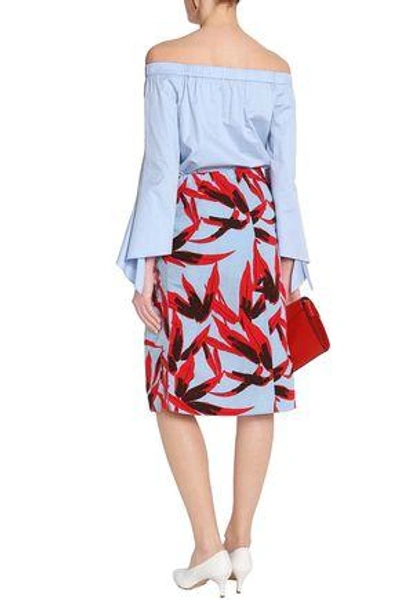Shop Marni Woman Printed Cotton And Linen-blend Midi Skirt Sky Blue