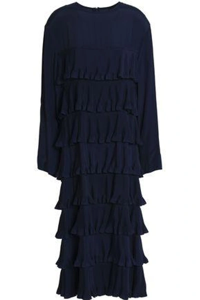 Shop Marni Woman Tiered Plissé Crepe De Chine Midi Dress Midnight Blue