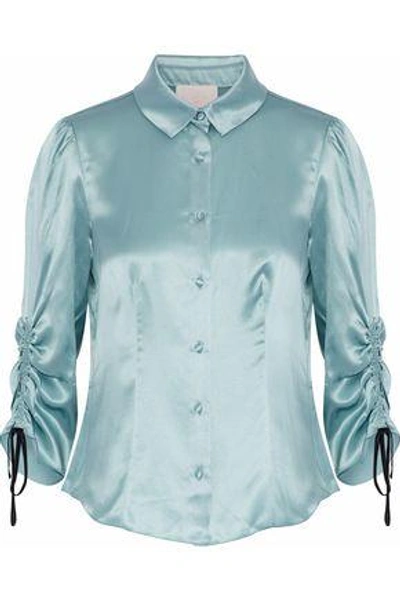 Shop Cinq À Sept Woman Jolene Ruched Silk-satin Shirt Light Blue