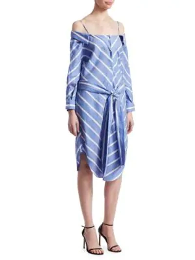 Shop Maje Rulylle Striped Off-the-shoulder Shirtdress In Blue