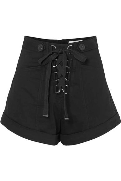 Shop Self-portrait Lace-up Stretch-cotton Twill Shorts In Black