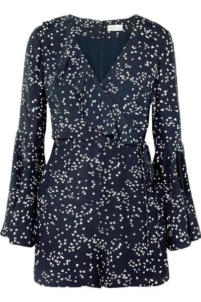 Shop Rebecca Vallance Flores Wrap-effect Ruffled Printed Crepe Playsuit In Navy