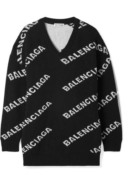 Balenciaga Oversized Intarsia Wool-blend Sweater In 1070 - Black/white |  ModeSens