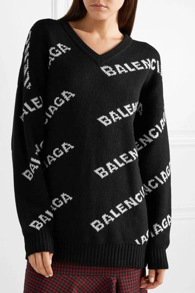 Shop Balenciaga Oversized Intarsia Wool-blend Sweater In Black