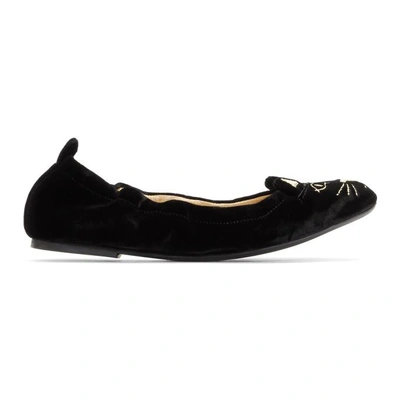 Shop Charlotte Olympia Black Velvet Kitty Ballerina Flats In 08012 Black