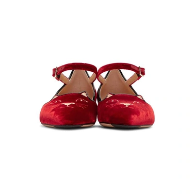 Shop Charlotte Olympia Red Velvet Mid-century Kitty Dorsay Flats In 1531 Red