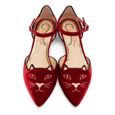 Shop Charlotte Olympia Red Velvet Mid-century Kitty Dorsay Flats In 1531 Red