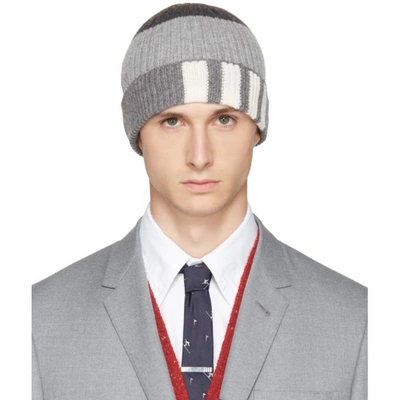 Shop Thom Browne Grey Rib Cashmere Funmix Four Bar Beanie