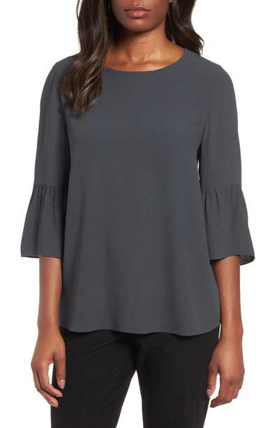 Shop Eileen Fisher Ruffled Sleeve Silk Top In Graphite