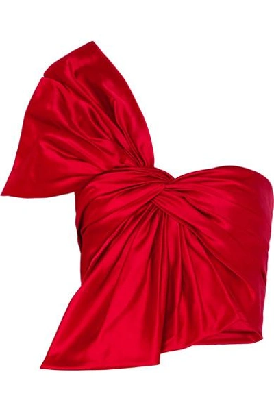 Shop Reem Acra One-shoulder Bow-embellished Silk-satin Bustier Top In Red