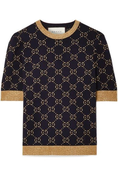Gucci Crewneck Short-sleeve Metallic Gg Jacquard Sweater In Blue | ModeSens