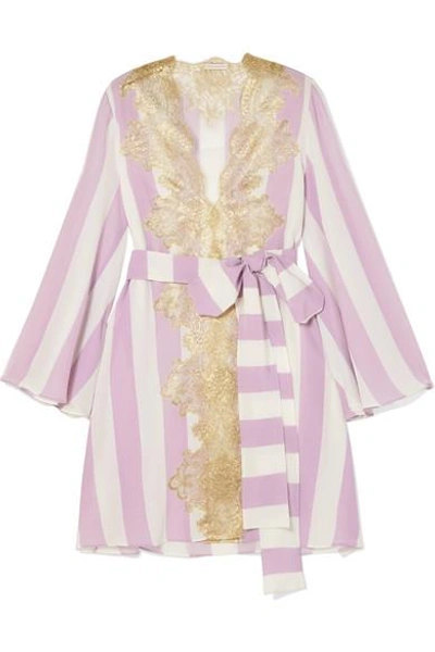 Shop Rosamosario Wallah, Let's Stripes Lace-trimmed Silk Pajama Jacket In Lilac