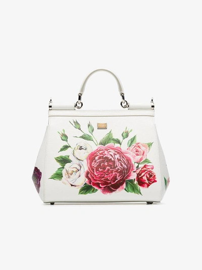 Shop Dolce & Gabbana White, Red And Green Sicily Rose Print Leather Handbag
