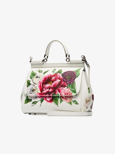 Shop Dolce & Gabbana White, Red And Green Sicily Rose Print Leather Handbag