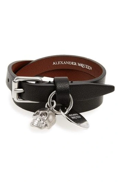 Shop Alexander Mcqueen Skull Charm Leather Wrap Bracelet In Black/ Silver