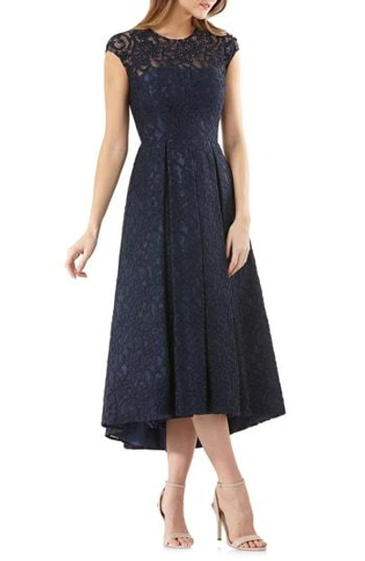 Shop Carmen Marc Valvo Infusion High/low Lace Gown In Navy