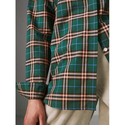 Shop Burberry Check Cotton Shirt In Dark Forest Green