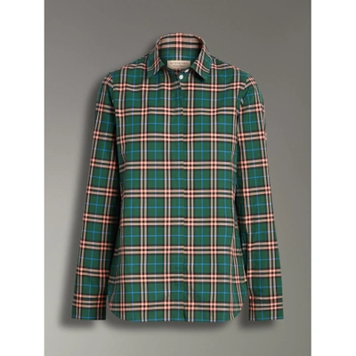 Shop Burberry Check Cotton Shirt In Dark Forest Green