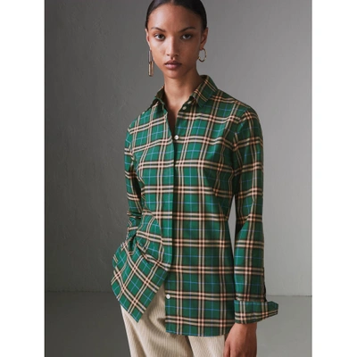 Shop Burberry Check Cotton Shirt In Dark Forest Green