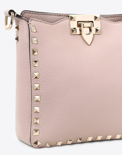 Shop Valentino Garavani Mini Rockstud Grainy Calfskin Hobo Bag In Poudre