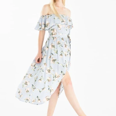 Shop Paisie Floral Print Bardot Dress With Skirt Overlay & Side Tie