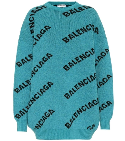 Shop Balenciaga Intarsia Wool-blend Sweater In Turquoise