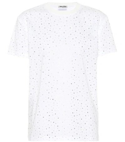 Shop Miu Miu Embellished Cotton T-shirt In White