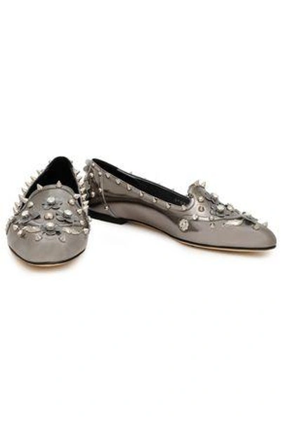 Shop Dolce & Gabbana Embellished Metallic Leather Loafers In Silver