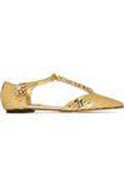 Shop Dolce & Gabbana Crystal-embellished Metallic Leather Point-toe Flats In Gold