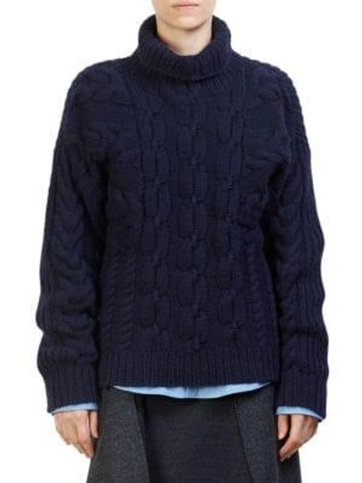 Shop Cedric Charlier Wool Cable-knit Turtleneck Sweater In Navy