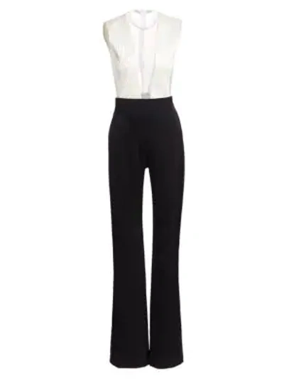 Shop Galvan Plunging Sheer V-neck Tuxedo Jumpsuit In Black White