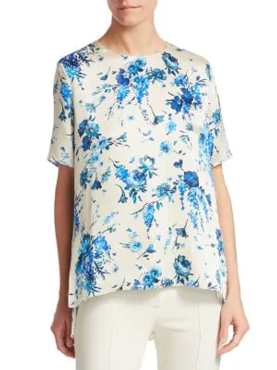 Shop Adam Lippes Hammered Silk Floral Top In White-multi
