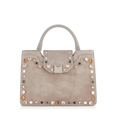 Shop Jimmy Choo Rebel Tote/s Opal Grey Suede With Mixed Cabochon Studs Tote Bag