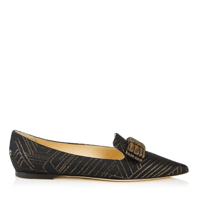 Shop Jimmy Choo Gala Black And Gold Deco Graphic Fabric Pointy Toe Flats With Bow Detail In Black/gold