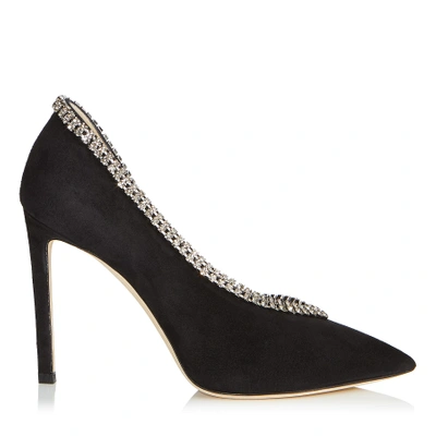 LILIAN 100 Black Suede Pointy Toe Pumps with Crystal Trim