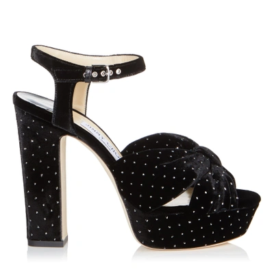 Shop Jimmy Choo Heloise 120 Black Glitter Spotted Velvet Platform Sandals In Black/silver