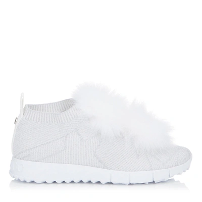 Shop Jimmy Choo Norway White Knit And Lurex Trainers With Fur Pom Poms In White/white