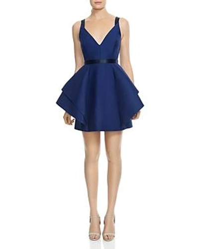 Shop Halston Heritage Structured Ruffled Fit-and-flare Dress In Navy