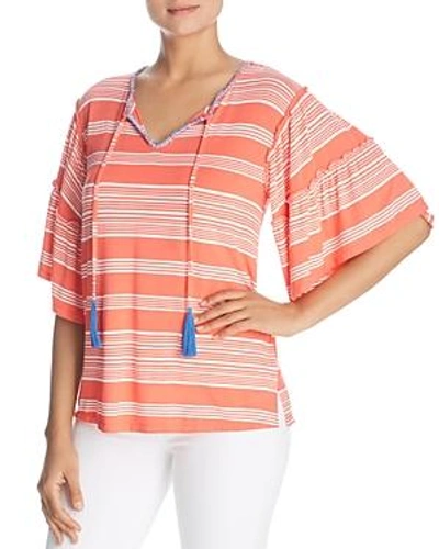Shop Cupio Striped Bell-sleeve Tassel Top In Coral Stripe