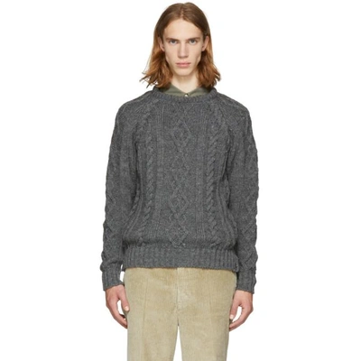 Shop Thom Browne Grey Aran Cable Knit Raglan Sweater In 035 Dark Gr